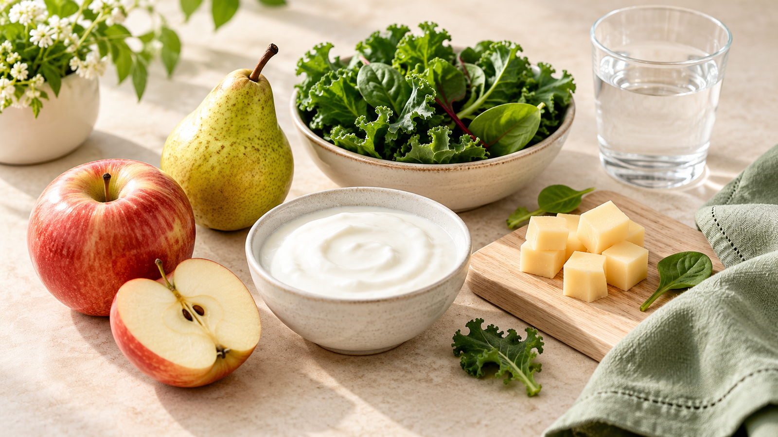 Plain yoghurt, apples, a pear, leafy greens, cheese and water arranged on a kitchen table.